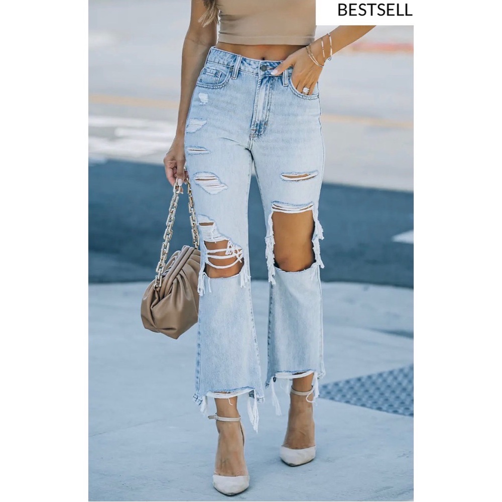 CANYON HIGH RISE DISTRESSED CROP FLARE DENIM